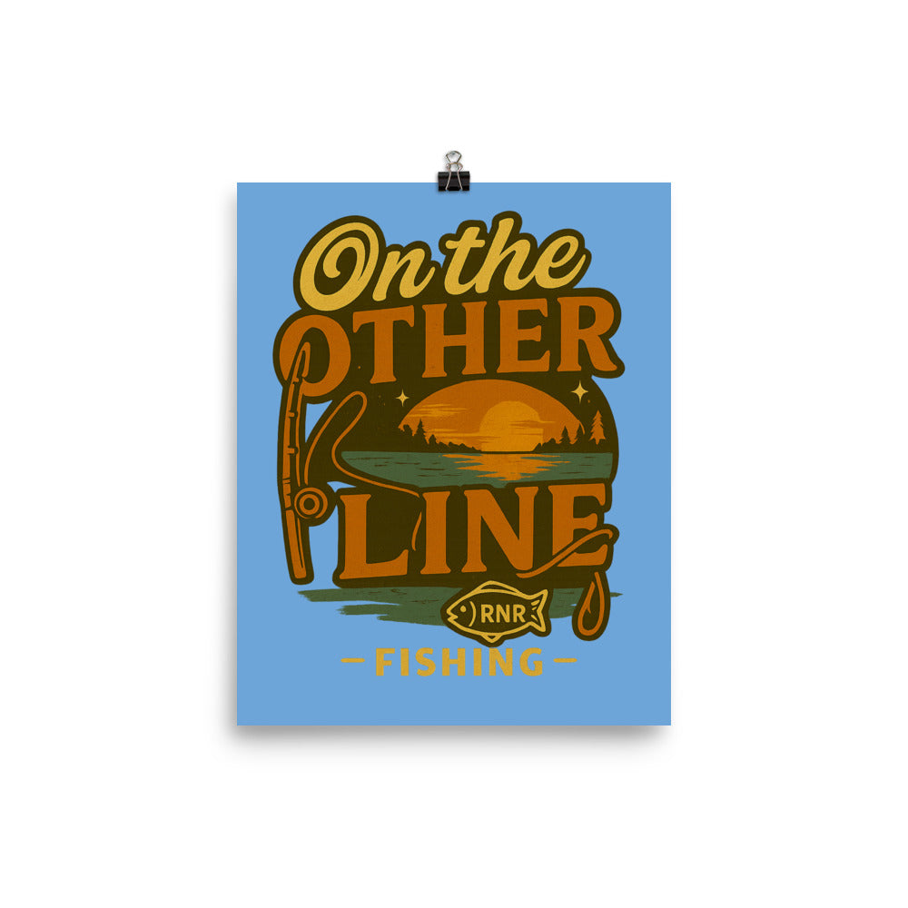 On the Other Line funny fishing poster by RNR Fishing with phone and fishing pun design