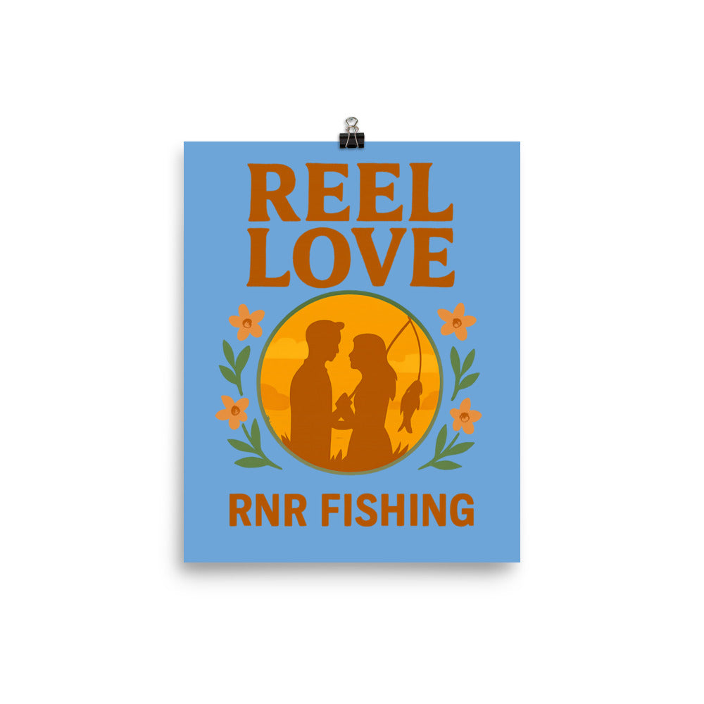 Reel Love romantic fishing poster by RNR Fishing with cartoon couple pun design