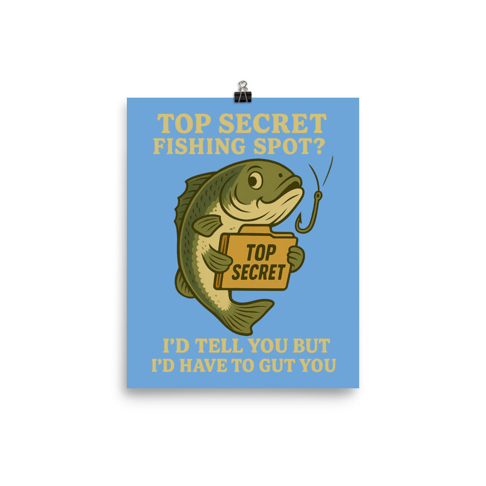 Secret Fishing Spot poster by RNR Fishing with dark humor cartoon design