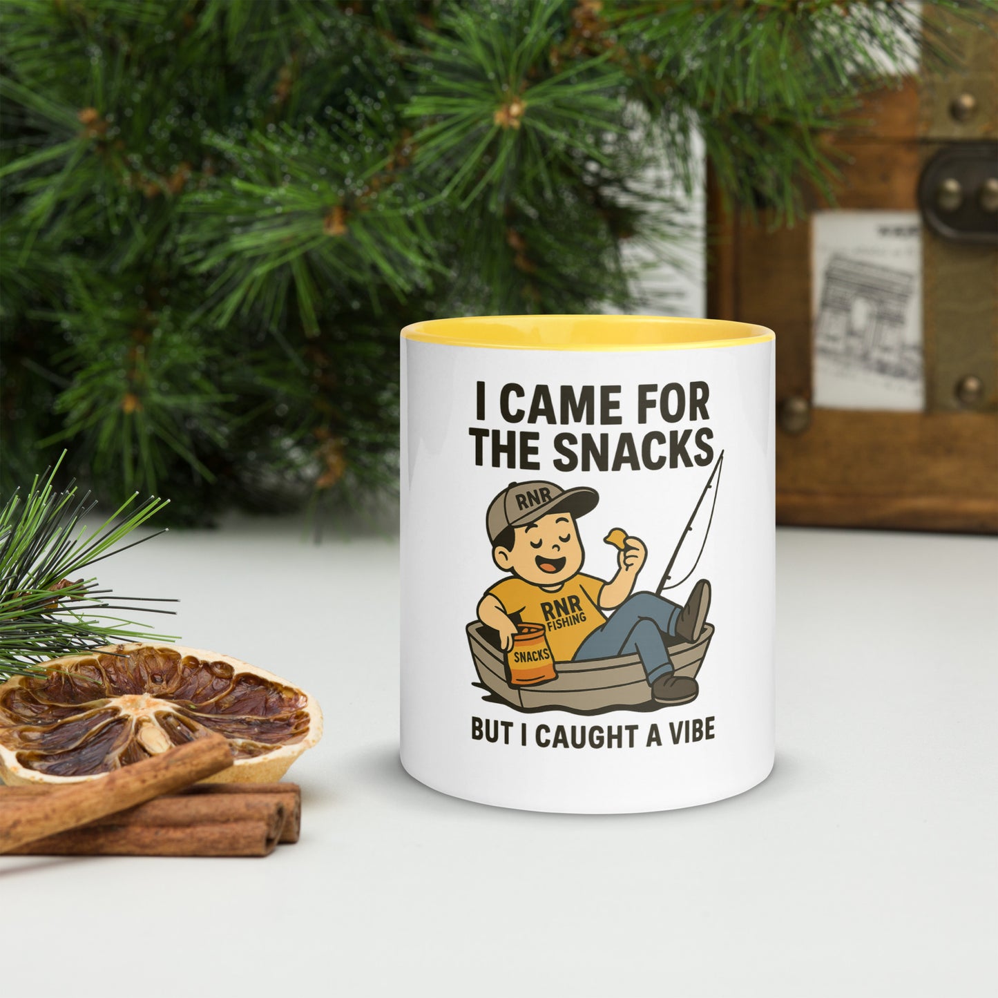 Snack Vibes funny fishing mug by RNR Fishing with cartoon snack pun design