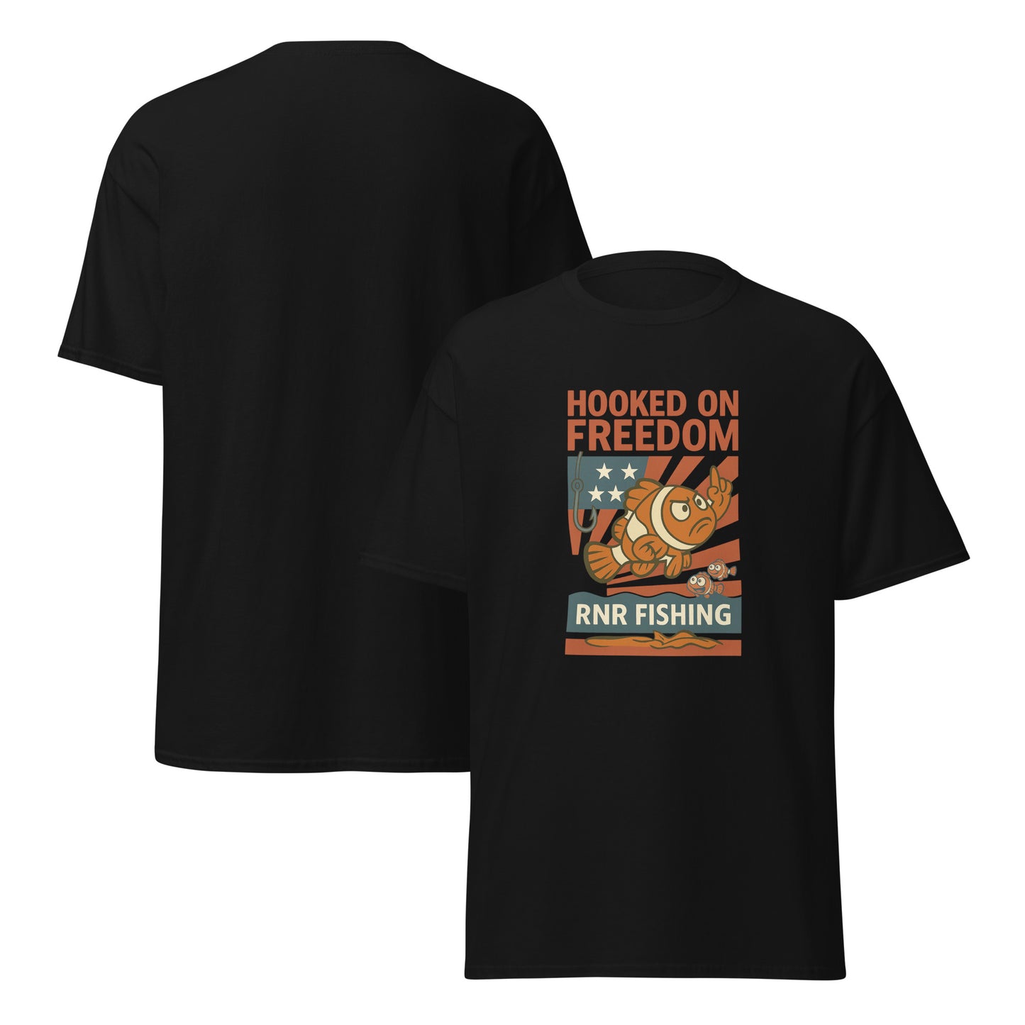 Hooked on Freedom patriotic fishing shirt by RNR Fishing with red, white, and blue humor