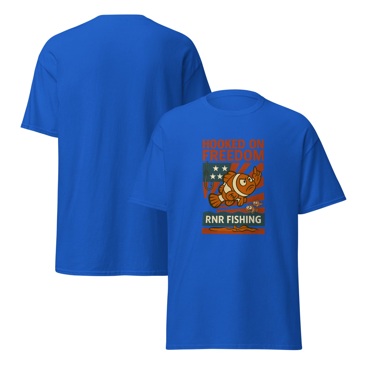 Hooked on Freedom patriotic fishing shirt by RNR Fishing with red, white, and blue humor