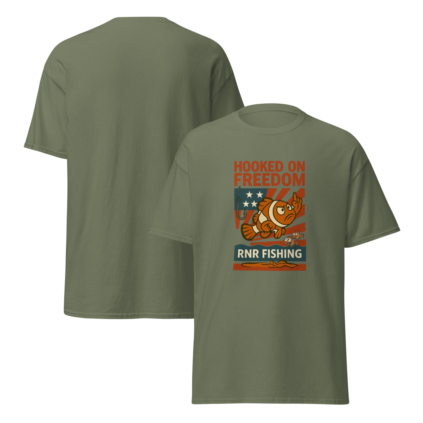 Hooked on Freedom patriotic fishing shirt by RNR Fishing with red, white, and blue humor