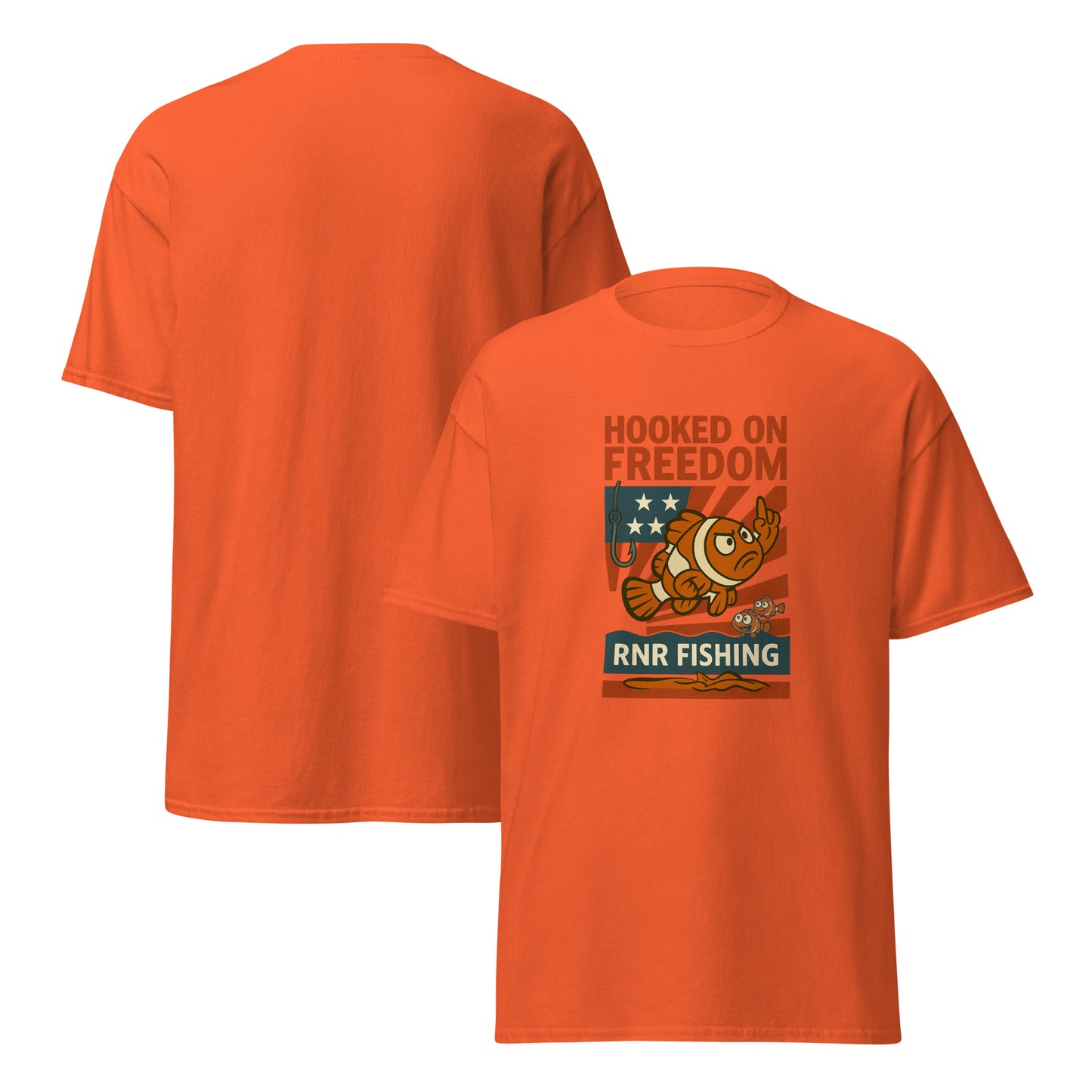 Hooked on Freedom patriotic fishing shirt by RNR Fishing with red, white, and blue humor