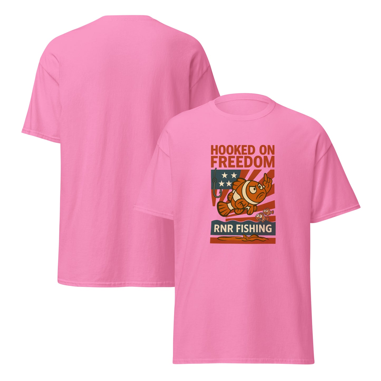 Hooked on Freedom patriotic fishing shirt by RNR Fishing with red, white, and blue humor