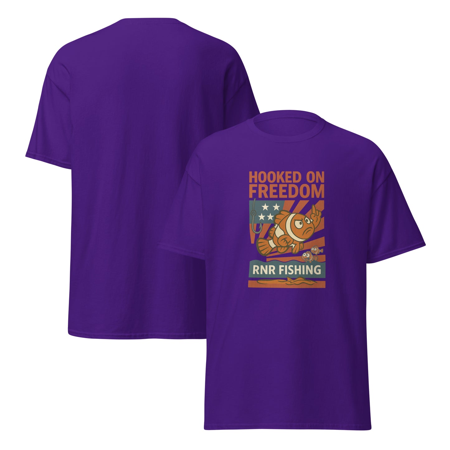 Hooked on Freedom patriotic fishing shirt by RNR Fishing with red, white, and blue humor