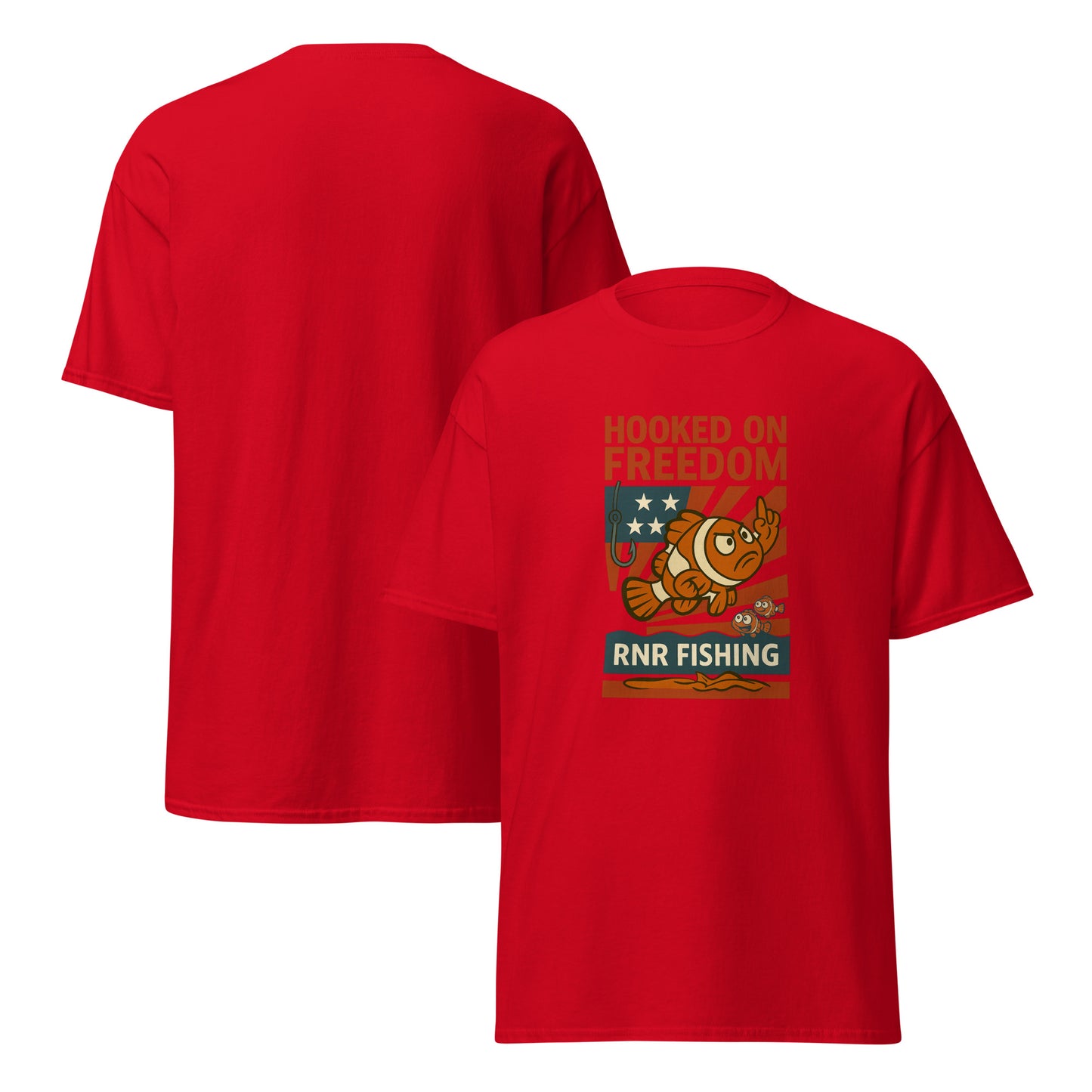 Hooked on Freedom patriotic fishing shirt by RNR Fishing with red, white, and blue humor