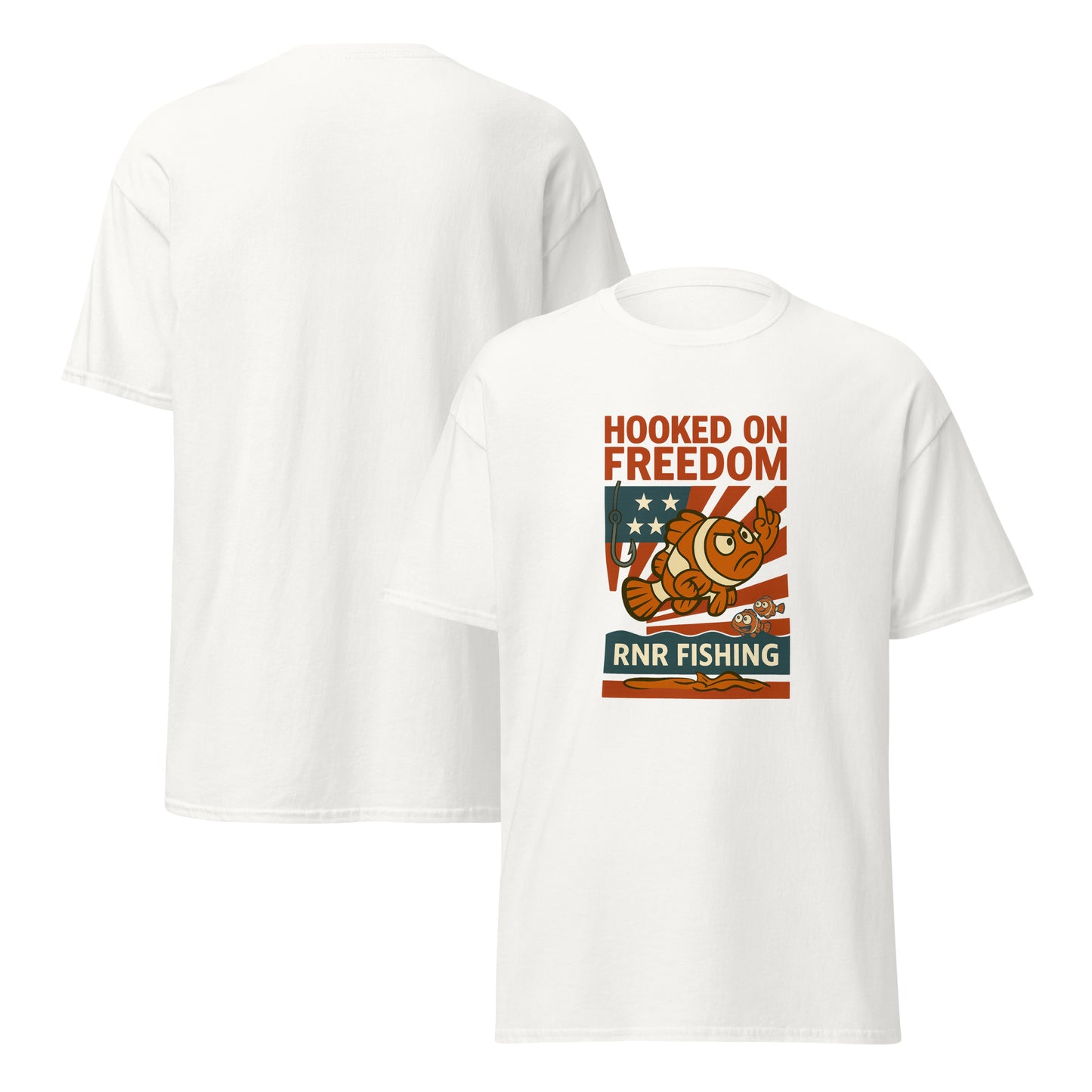 Hooked on Freedom patriotic fishing shirt by RNR Fishing with red, white, and blue humor