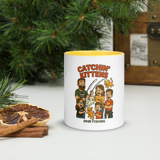 Catchin’ Kittens funny fishing mug by RNR Fishing featuring cat cartoon design

