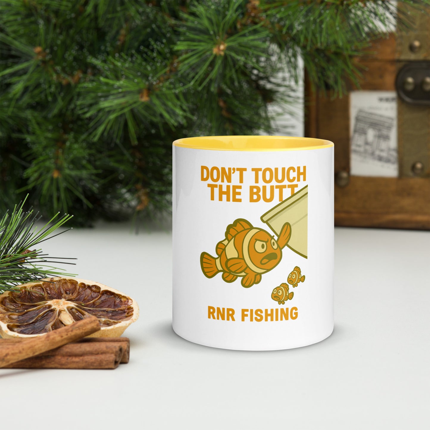 Don’t Touch the Butt funny fishing mug by RNR Fishing with ocean pun design

