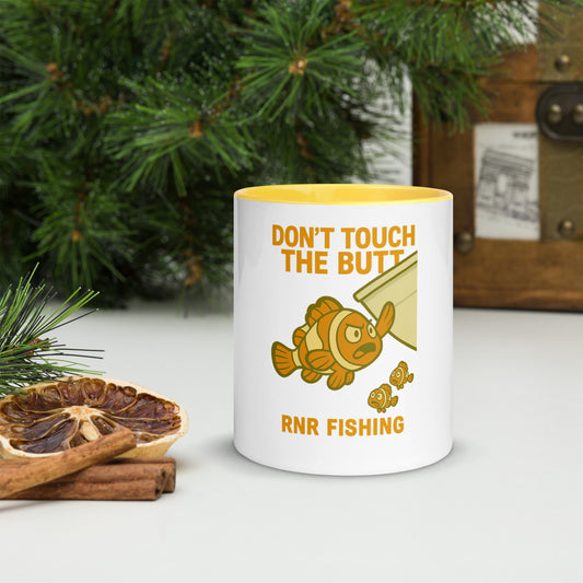 Don’t Touch the Butt funny fishing mug by RNR Fishing with ocean pun design


