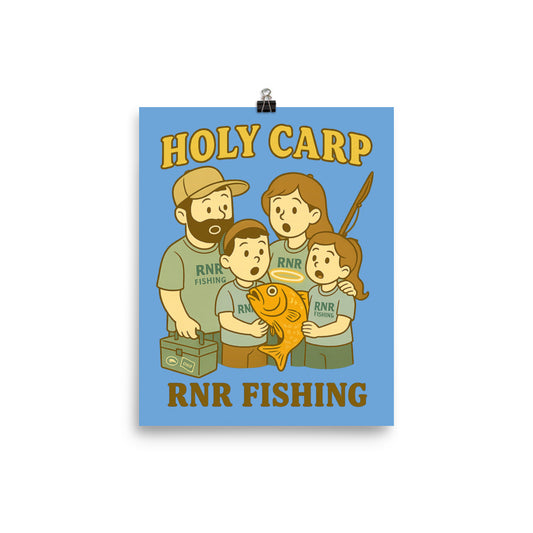 Holy Carp funny fishing poster by RNR Fishing with cartoon pun design

