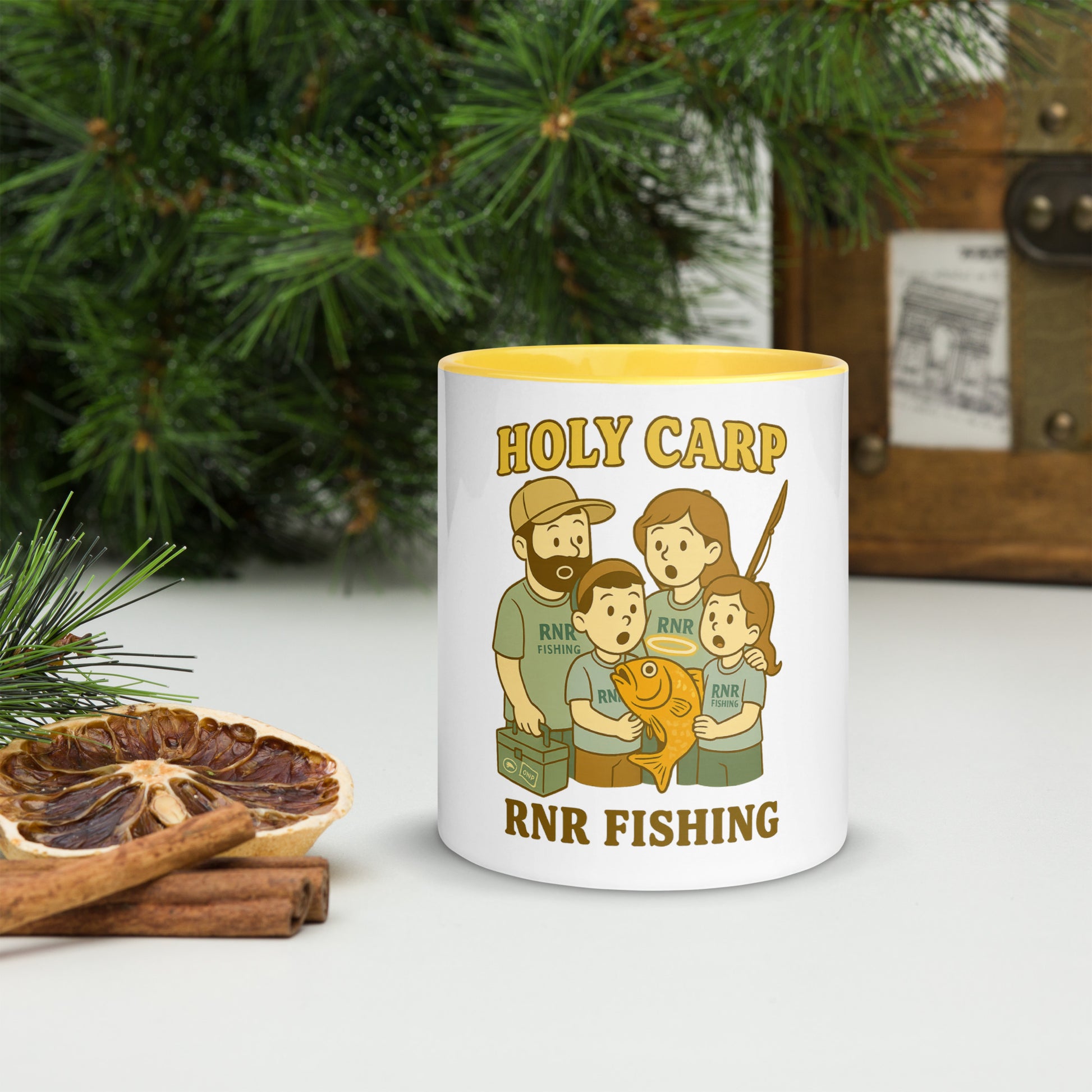 Holy Carp funny fishing mug by RNR Fishing with bold cartoon pun design

