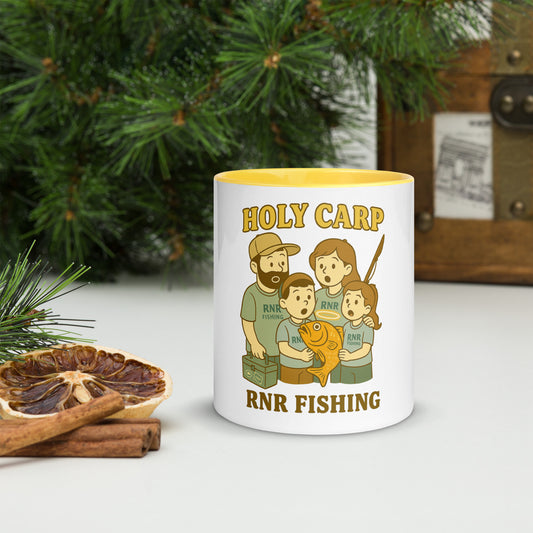 Holy Carp funny fishing mug by RNR Fishing with bold cartoon pun design

