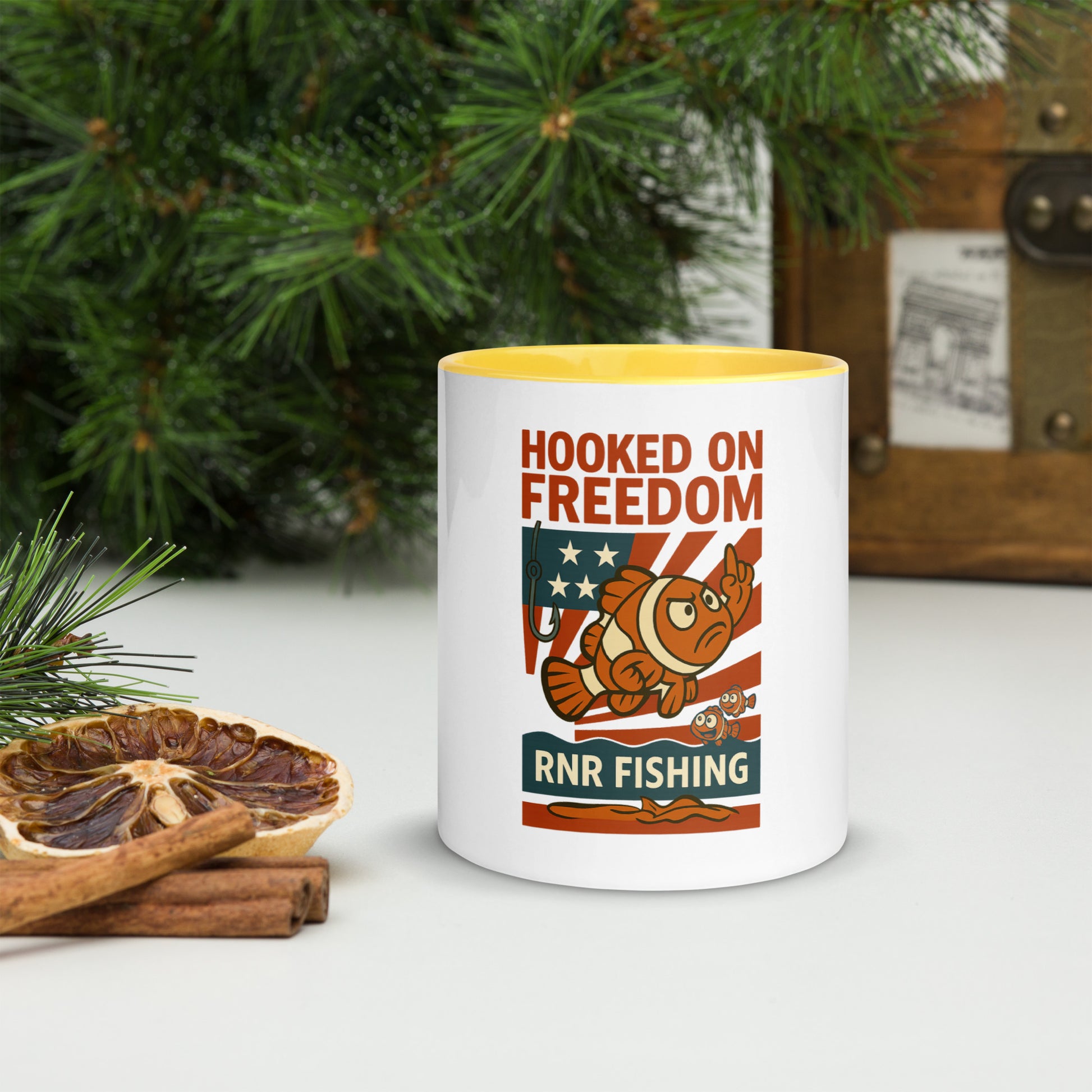 Hooked on Freedom patriotic fishing mug by RNR Fishing with red, white, and blue design

