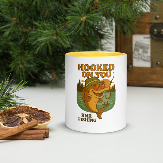 Hooked on You romantic fishing mug by RNR Fishing with love pun cartoon design


