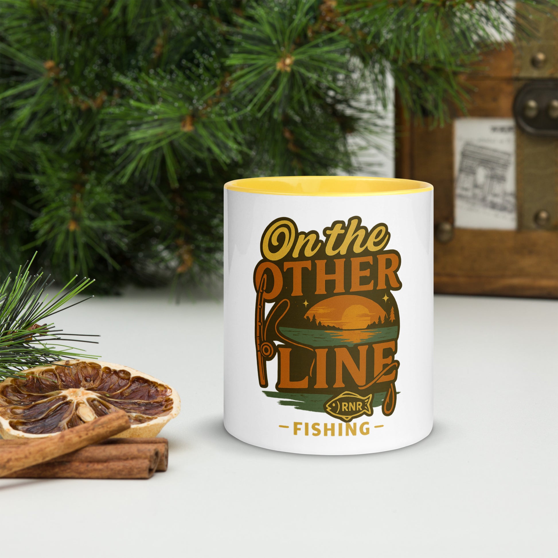On the Other Line fishing mug by RNR Fishing with phone pun cartoon design


