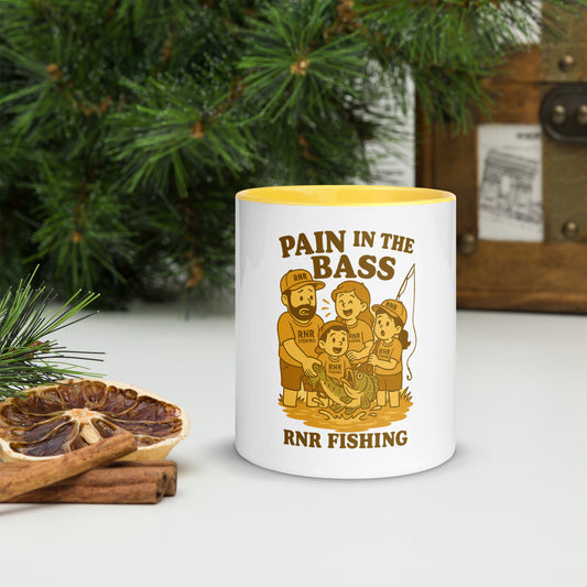 Pain in the Bass funny fishing mug by RNR Fishing with bass pun cartoon design

