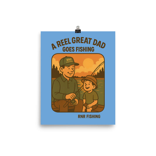 Reel Great Dad funny fishing poster by RNR Fishing with cartoon father’s day humor

