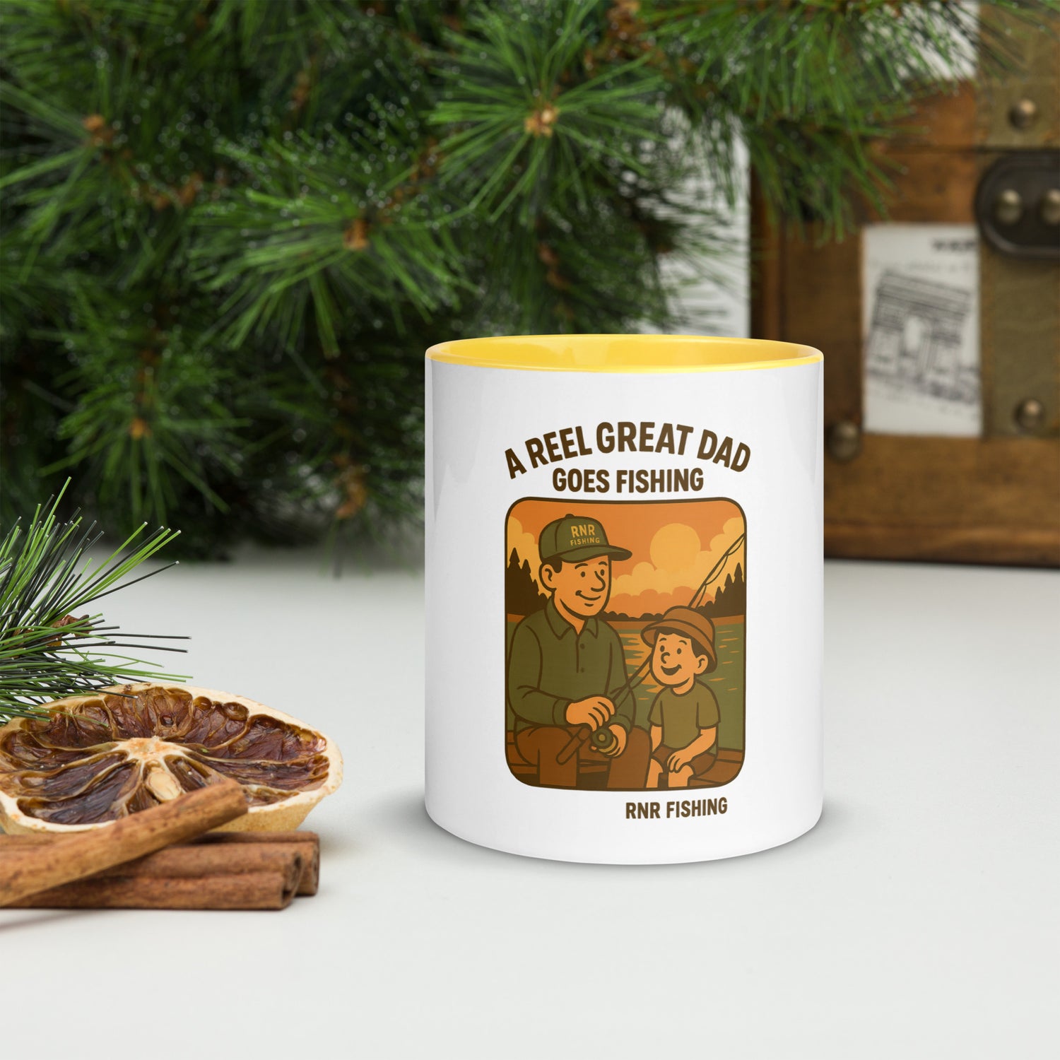 Reel Great Dad funny fishing mug by RNR Fishing with cartoon dad pun design

