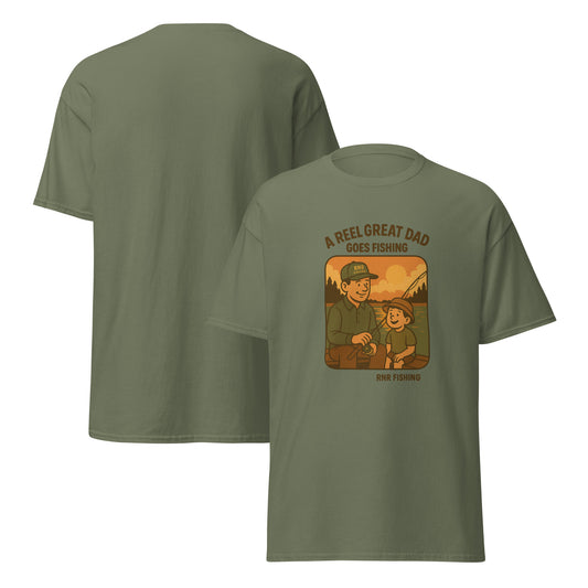 Front view of "Reel Great Dad" funny fishing shirt by RNR Fishing