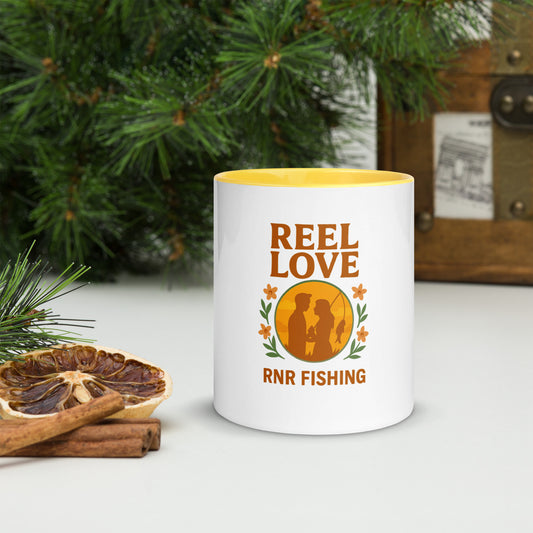 Reel Love romantic fishing mug by RNR Fishing with cartoon love pun design


