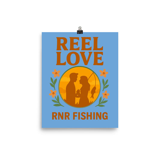 Reel Love romantic fishing poster by RNR Fishing with cartoon couple pun design

