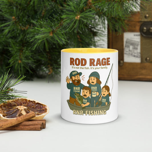Rod Rage funny family fishing mug by RNR Fishing with cartoon chaos design


