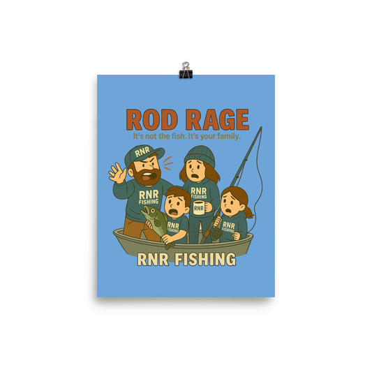 Rod Rage funny family fishing poster by RNR Fishing with cartoon chaos design


