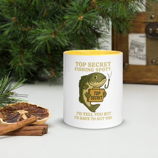 Secret Fishing Spot funny fishing mug by RNR Fishing with dark humor cartoon design

