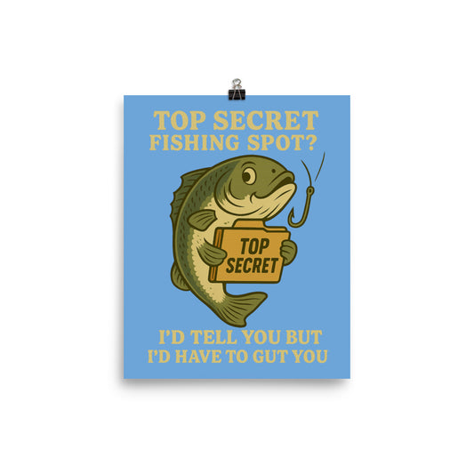 Secret Fishing Spot poster by RNR Fishing with dark humor cartoon design

