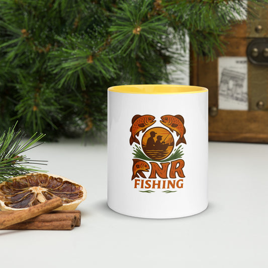 Scenic fishing mural mug by RNR Fishing with calm lake and outdoor design

