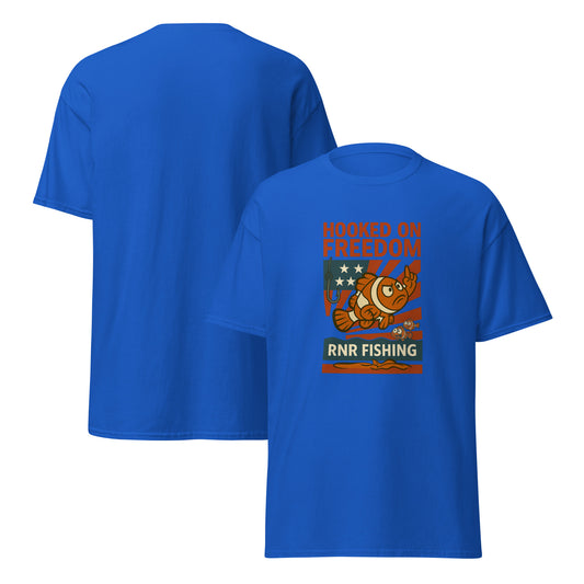 Hooked on Freedom patriotic fishing shirt by RNR Fishing with red, white, and blue humor